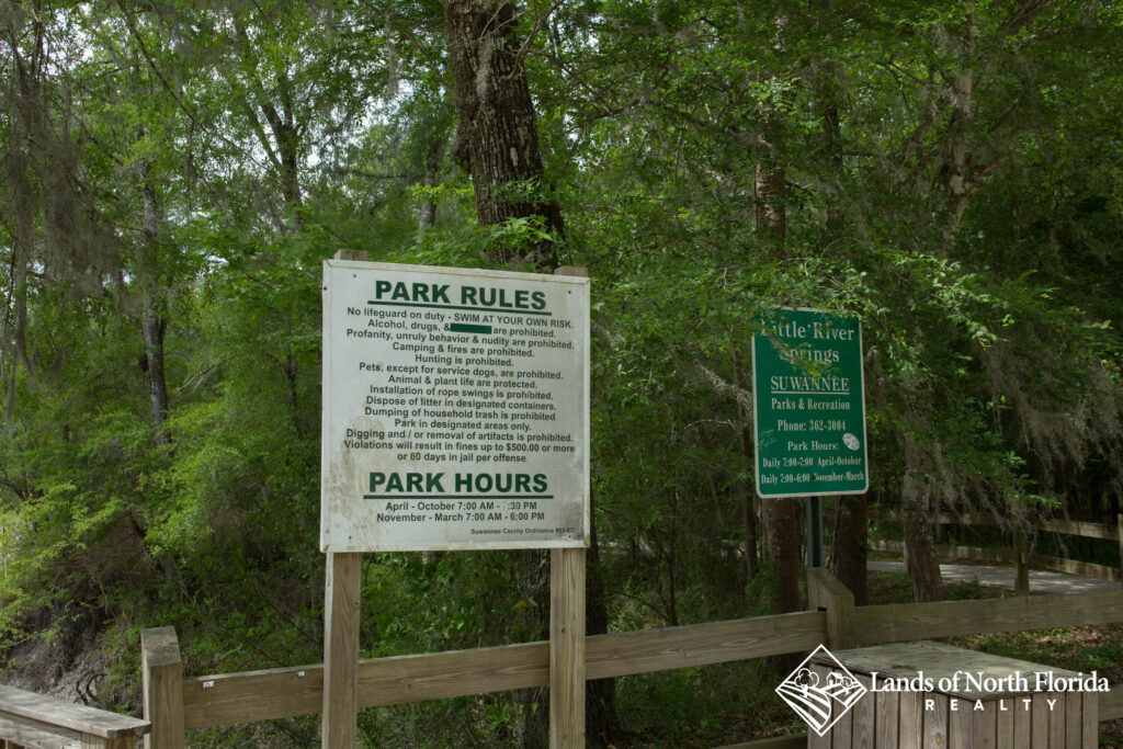 Signage with park rules for Little River Springs