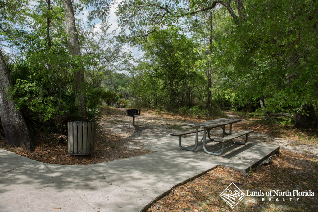 Little River Springs one of many picnic areas with table, trash receptacle and charcoal bbq